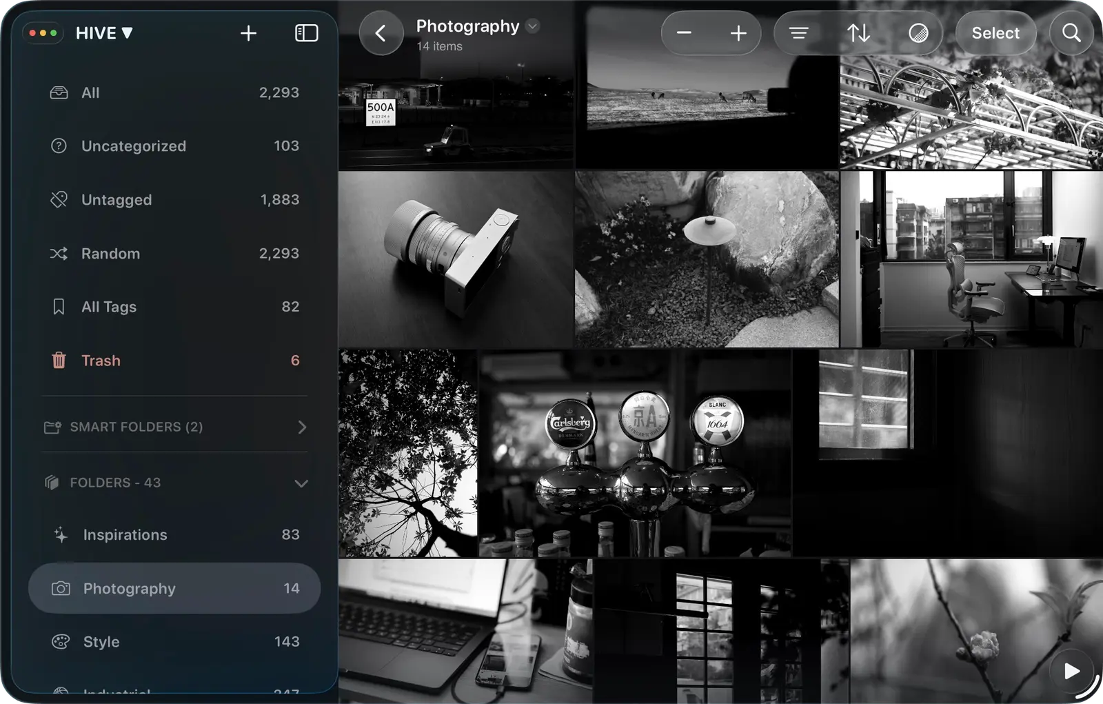 Hive 的资料库浏览界面，展示当前项目中的灵感列表