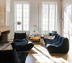 Sunlit living room with low dark lounge chairs