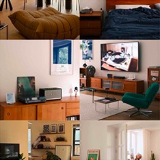 Collage of interiors with a record player on a wooden sideboard