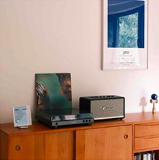 Wooden sideboard with a record player and speaker