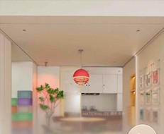 Open-plan space with an orange pendant lamp