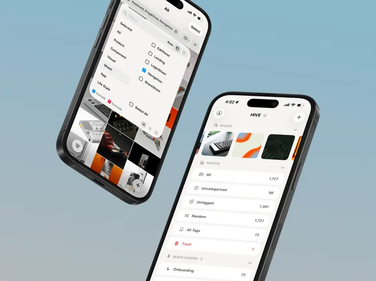 Two iPhones showing Hive folders, tags, and filters